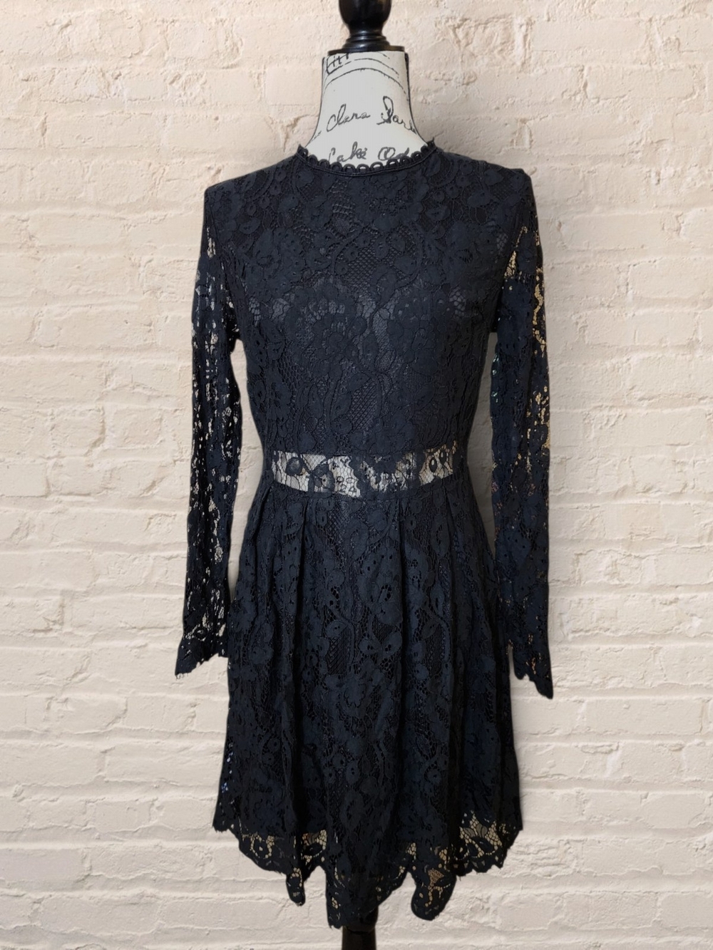 Eilly Bazar Black Floral Lace Long Sleeve Sheer Waist Mini Dress S LBD
